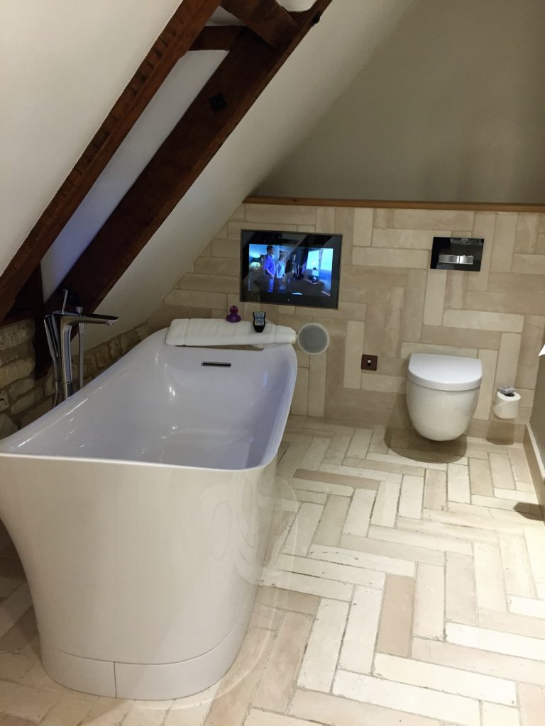 Our bathroom complete with TV