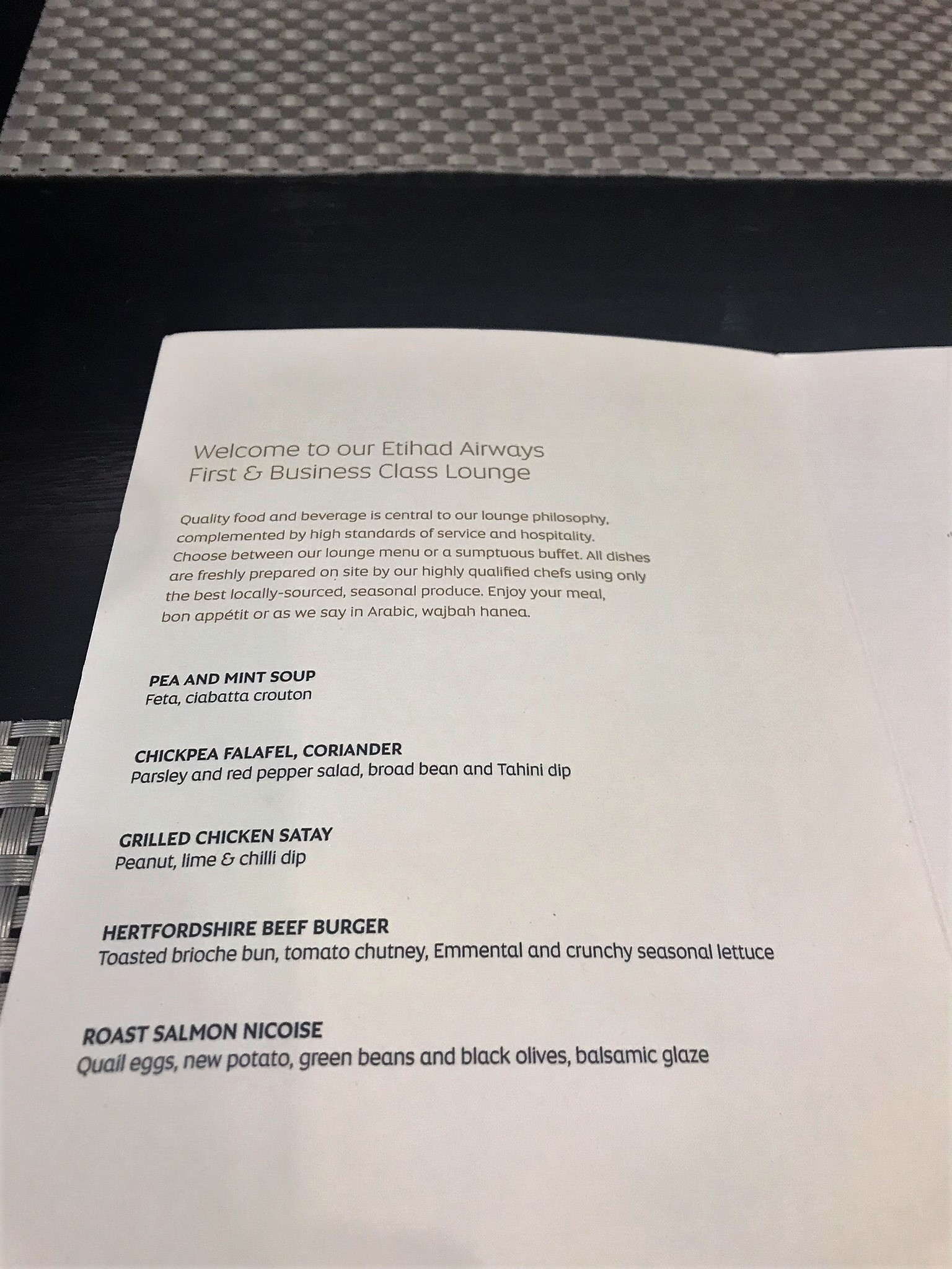 Etihad london lounge menu