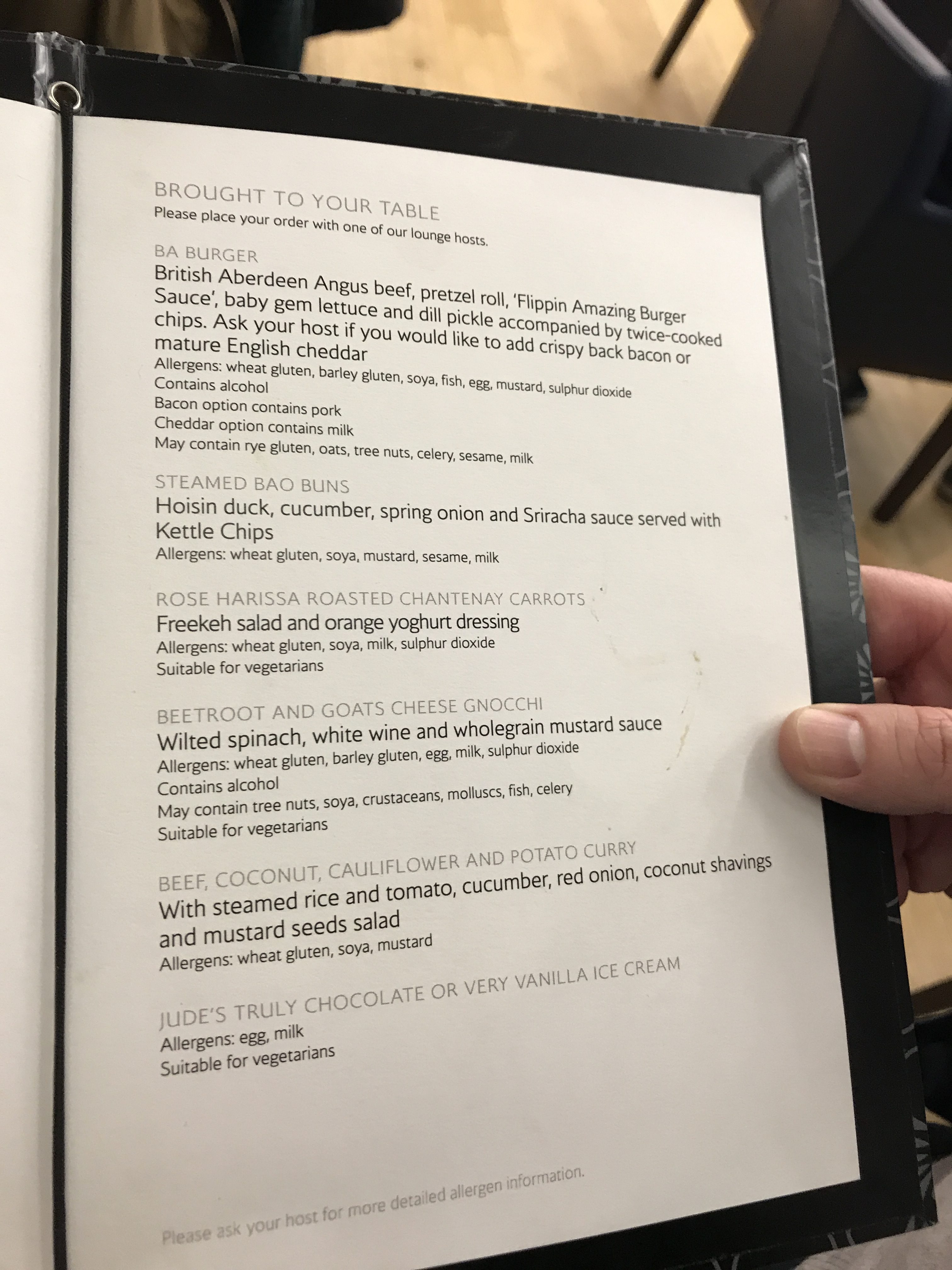 BA First lounge Heathrow T5 menu