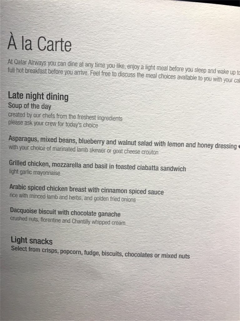 Qatar A380 business class review - Doha to London night flight menu