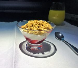 Qatar A380 business class review - Doha to London night flight yogurt compote