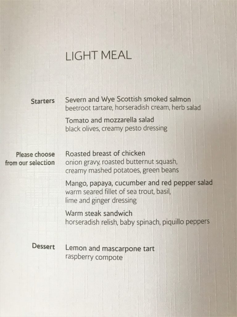 BA new club world food review light meal menu
