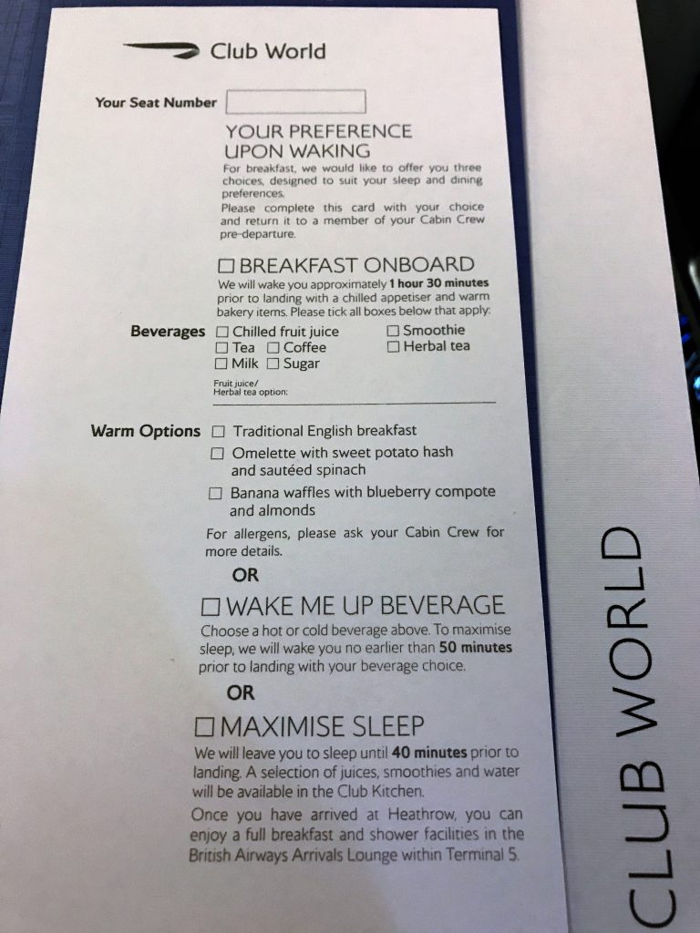 BA new club world food review breakfast card