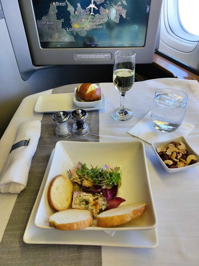 American Airlines International First Class B777-300ER crab salad