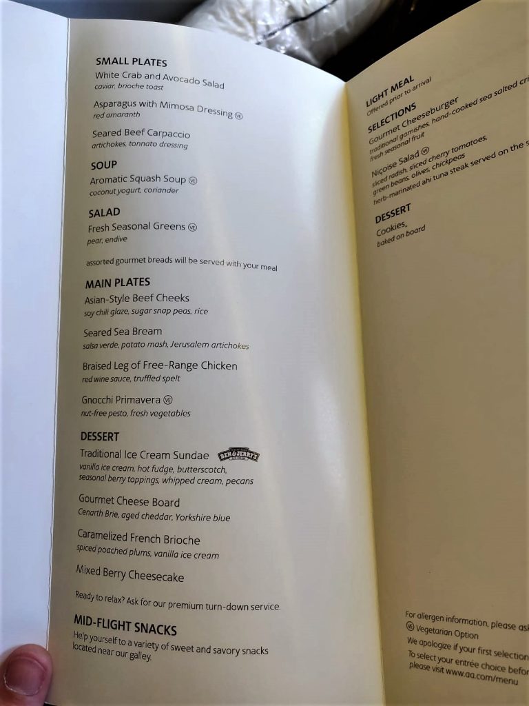 American Airlines International First Class B777-300ER menu