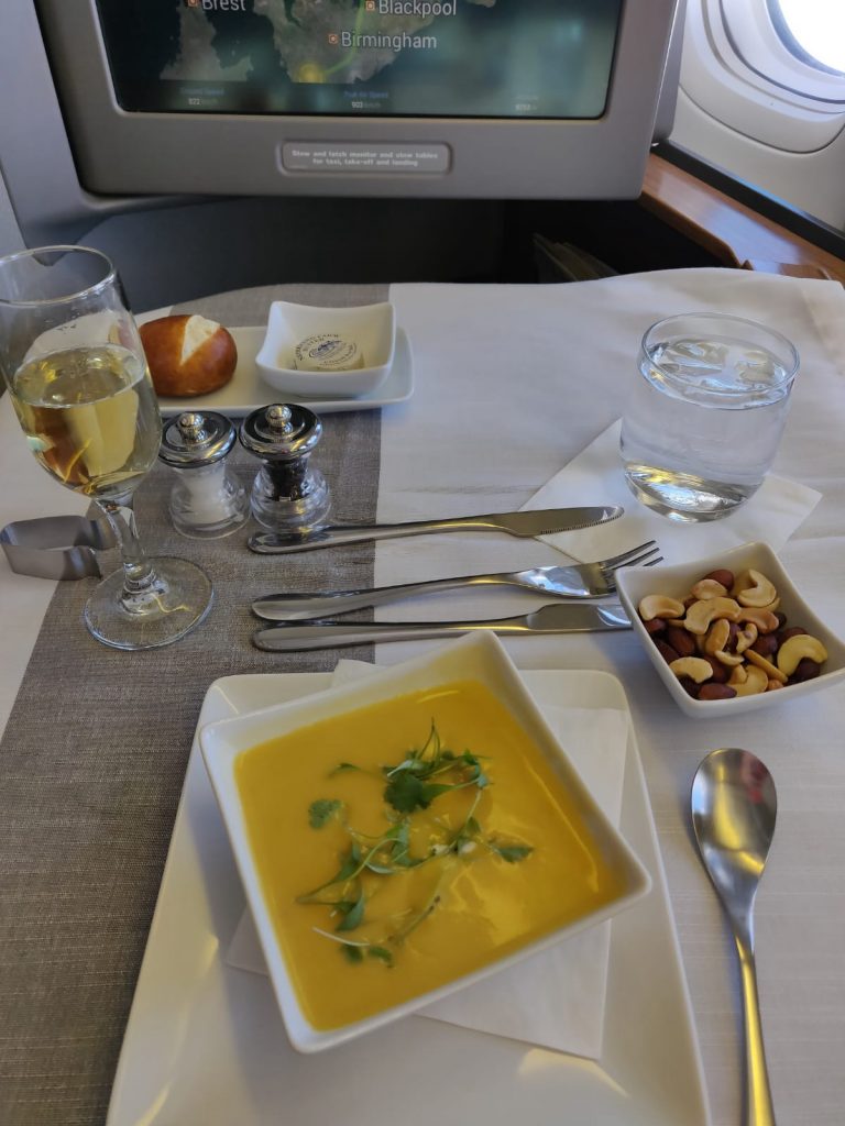 American Airlines International First Class B777-300ER soup