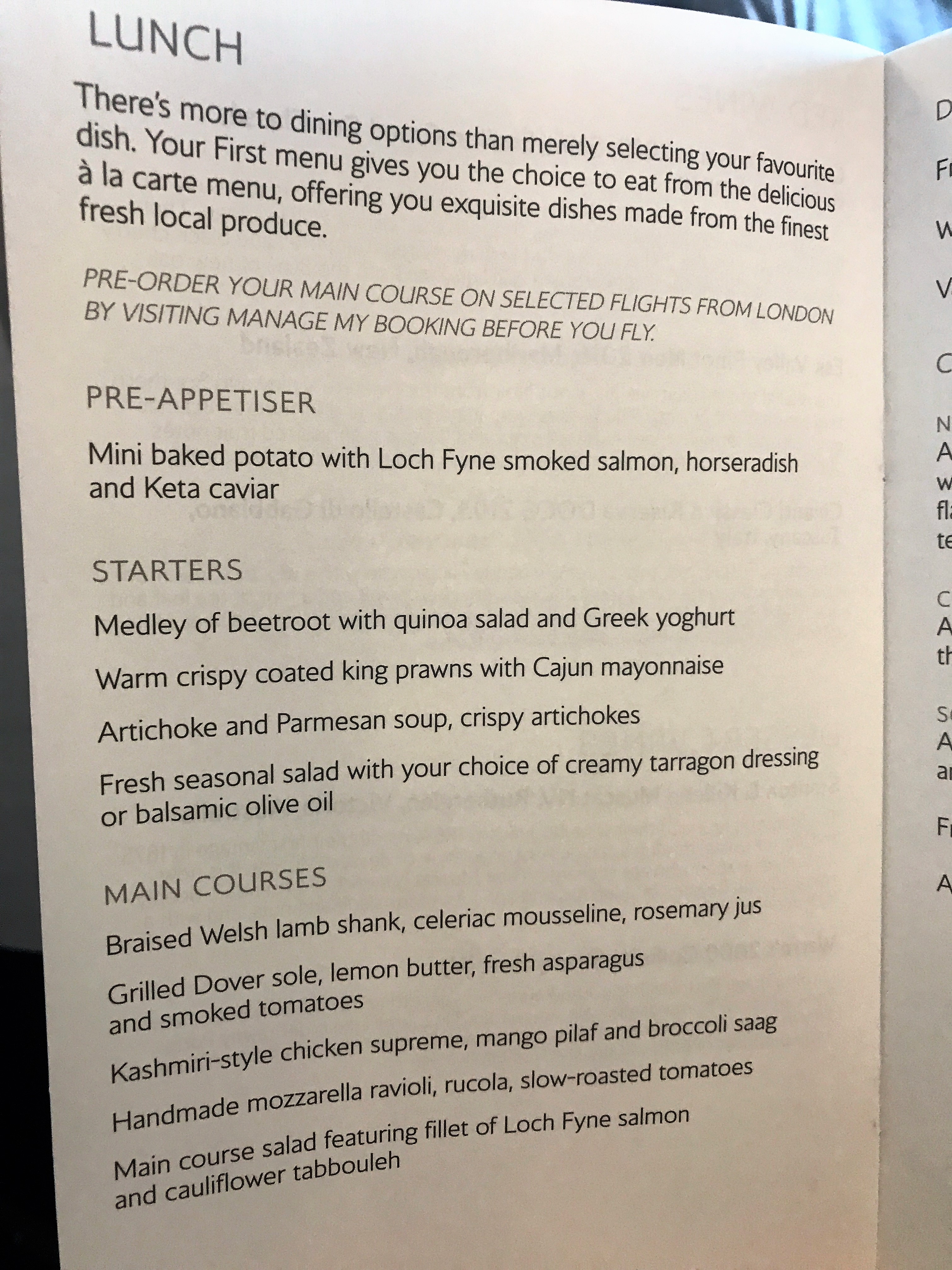 British Airways B747 First class review to New York menu