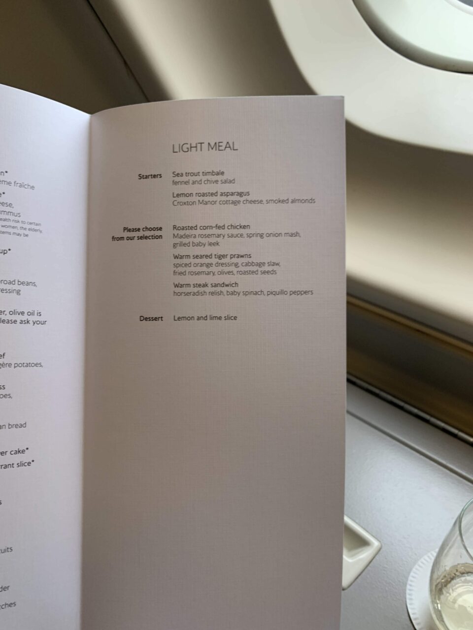 British Airways Club World upper deck Menu