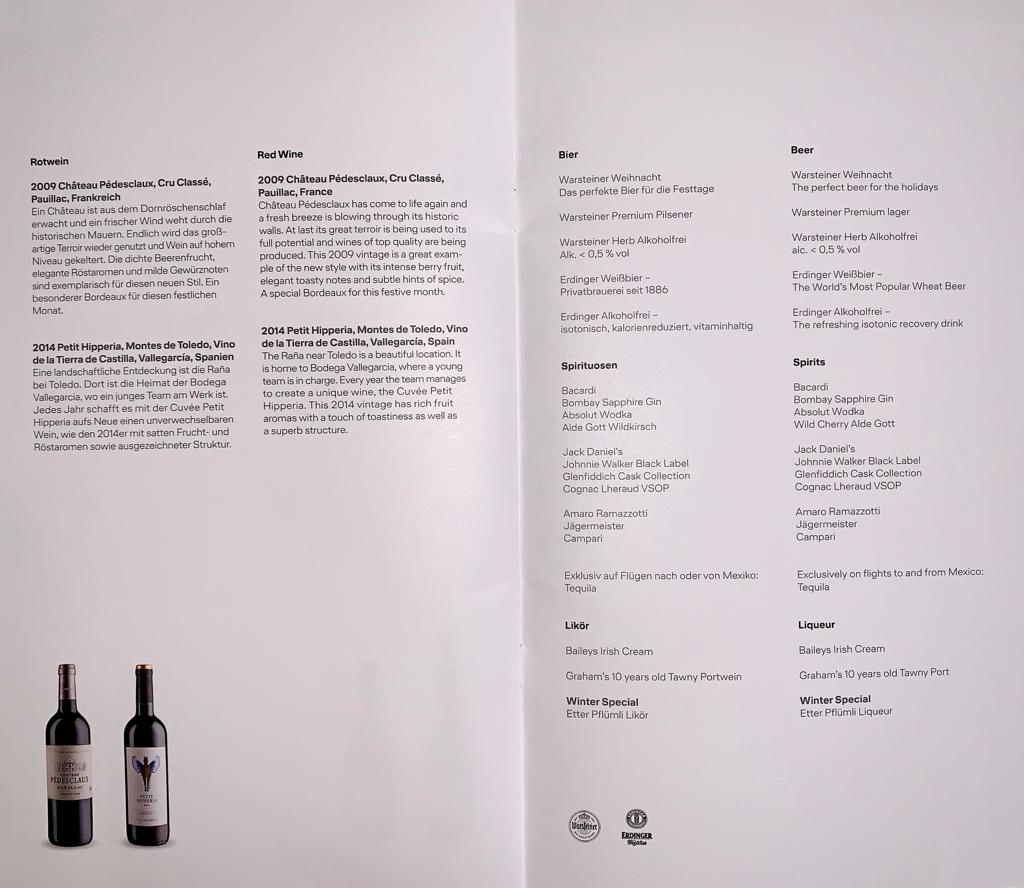 Lufthansa long haul business class menu