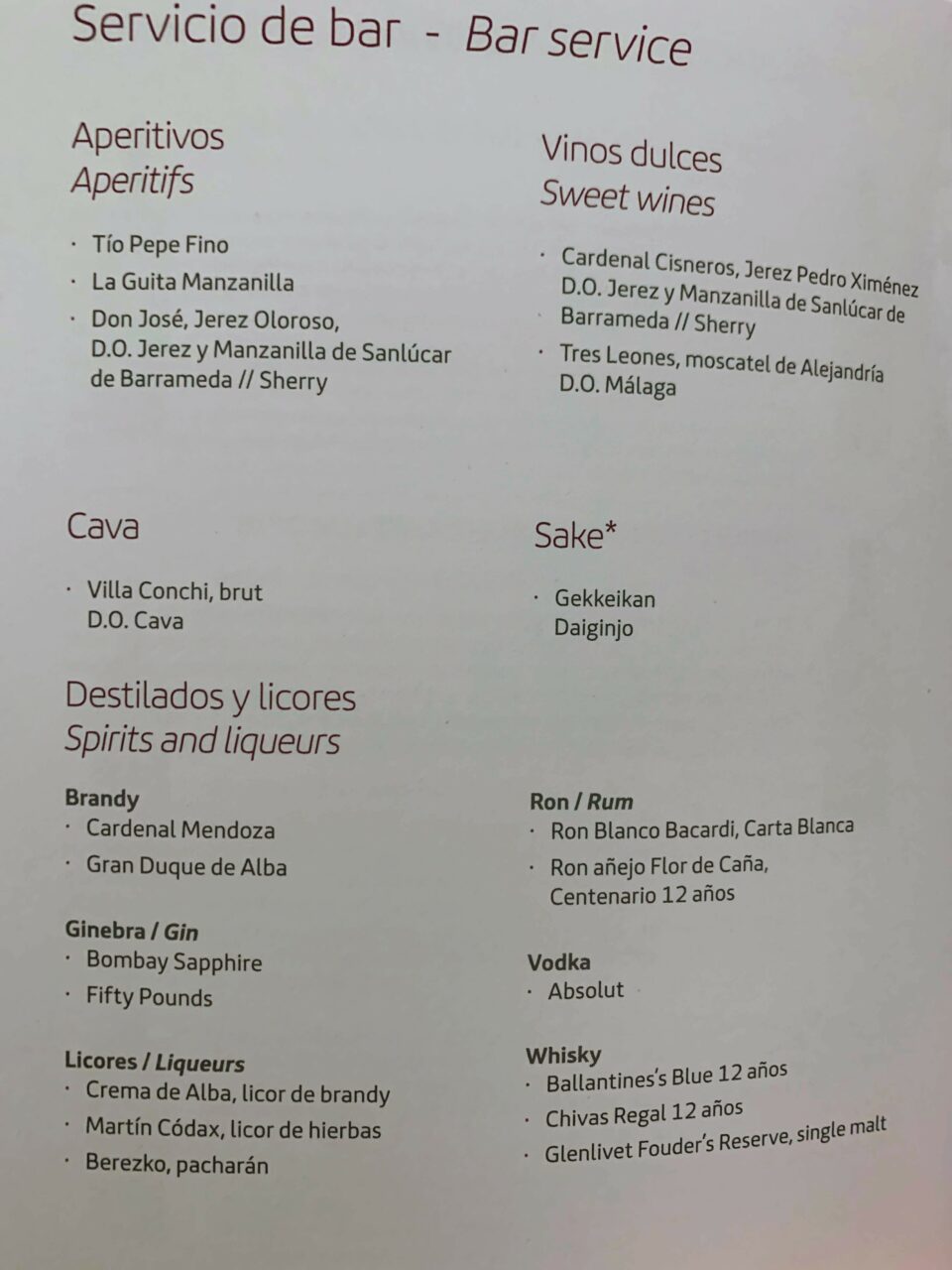 Iberia long haul business class menu