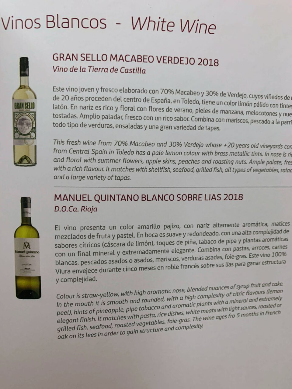 Iberia long haul business class menu