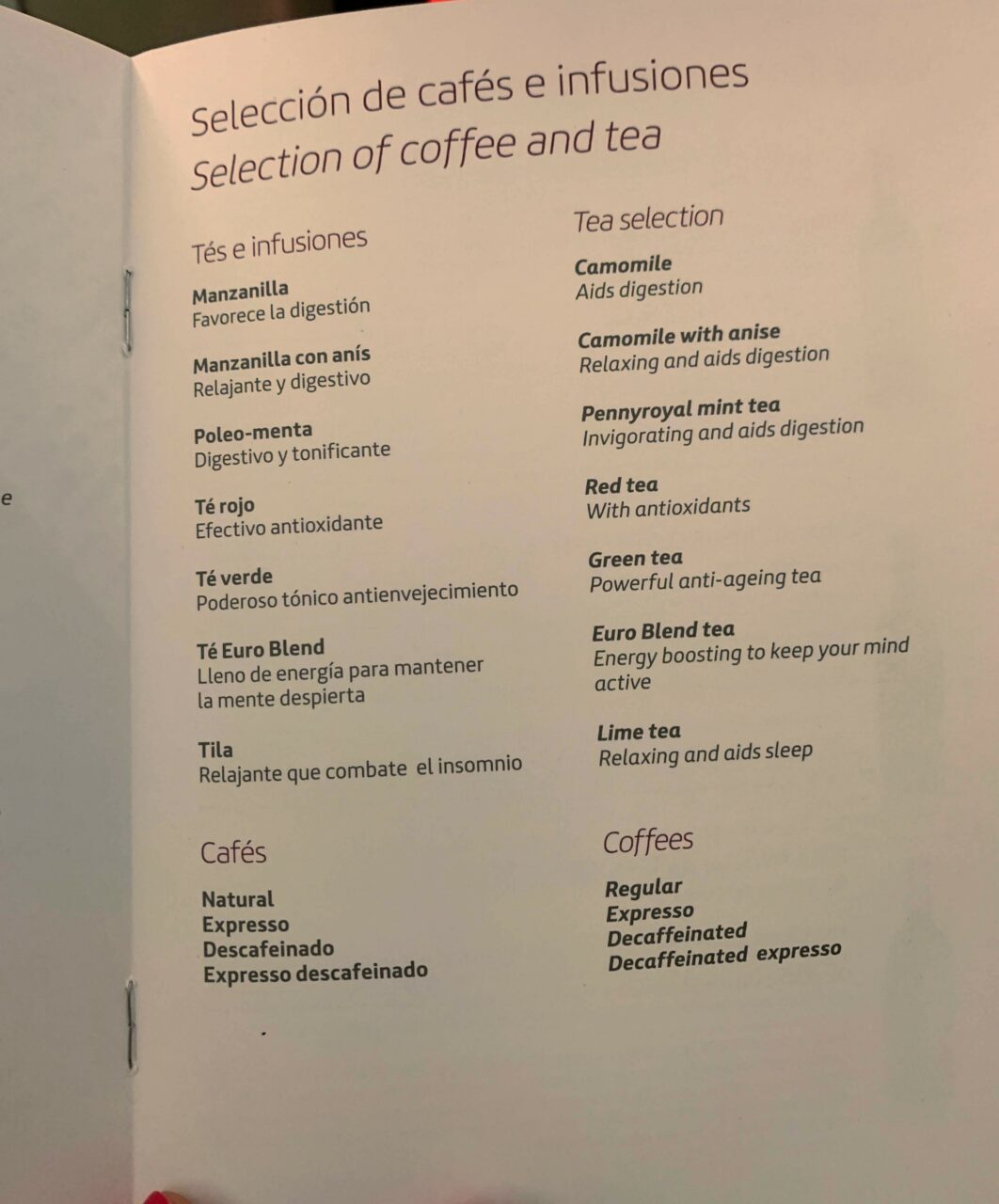 Iberia long haul business class menu