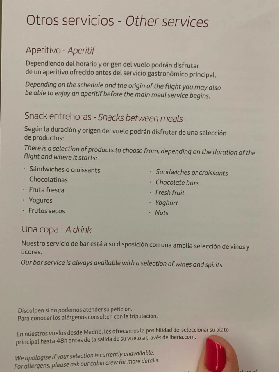 Iberia long haul business class menu