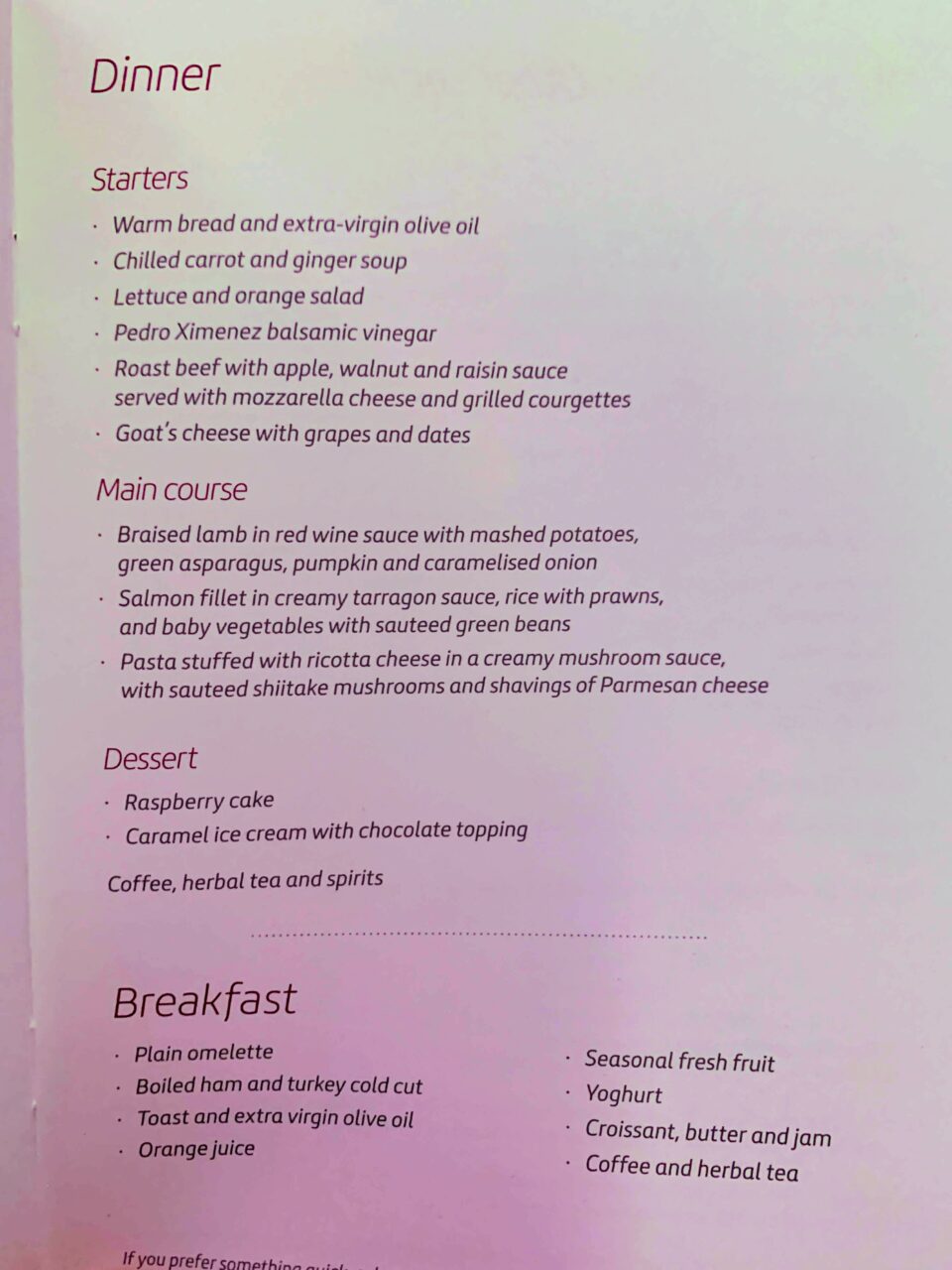 Iberia long haul business class menu