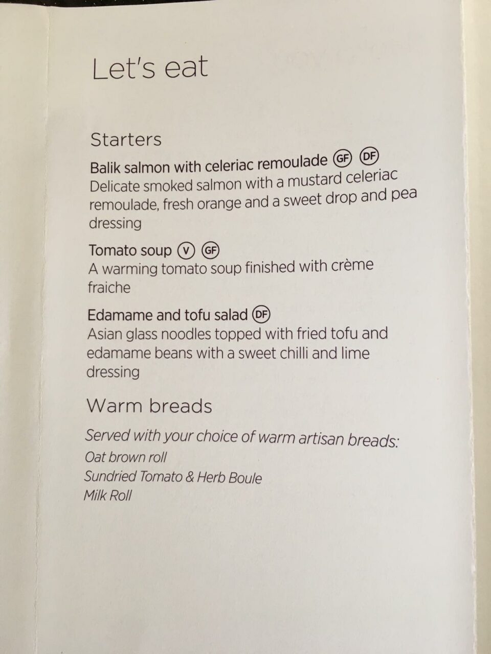 Virgin Atlantic Upper Class A340-600 Food menu