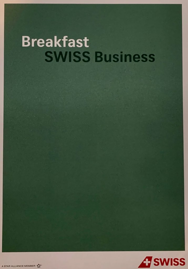 Swiss business class menu