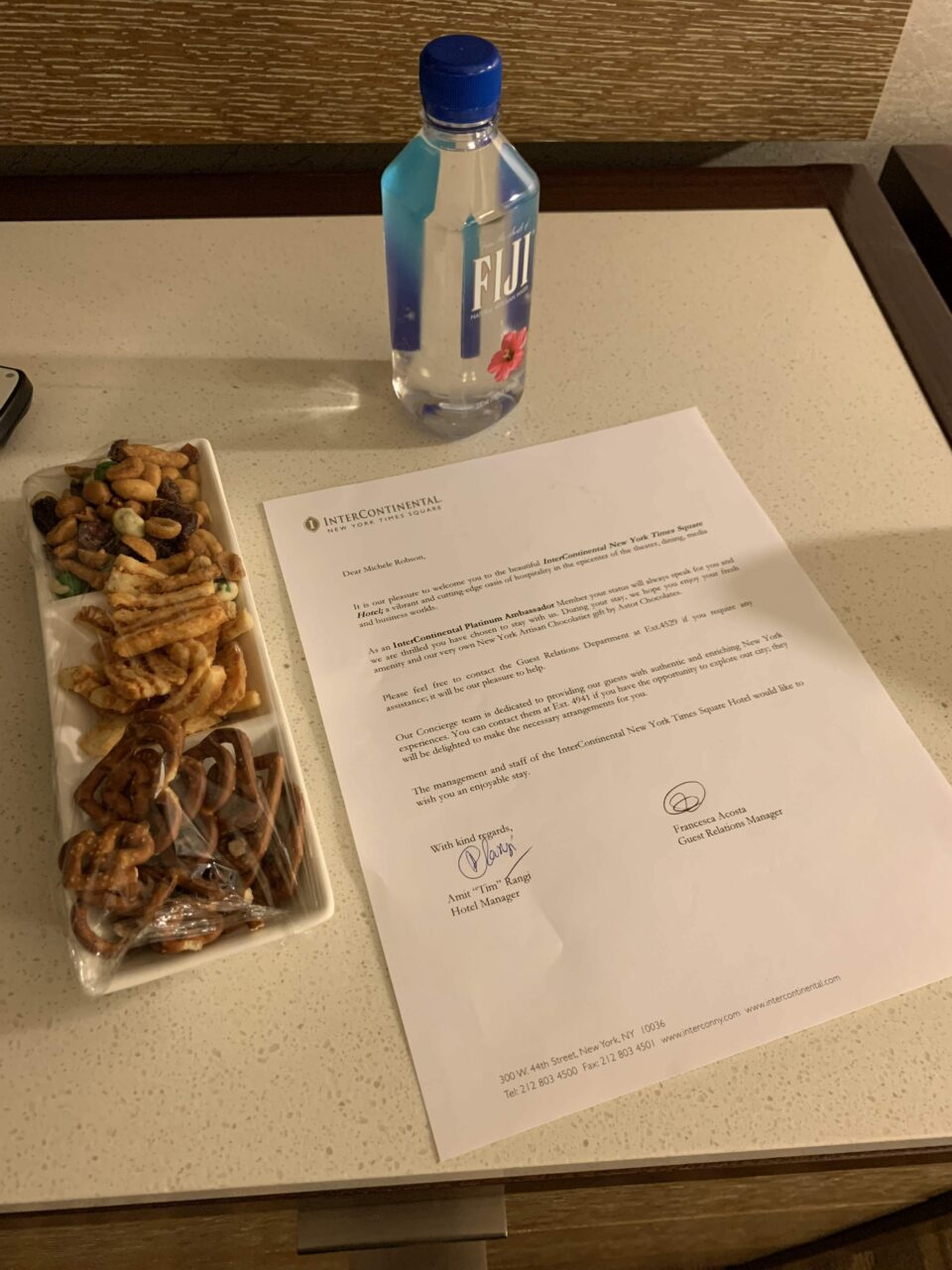 Welcome gift at InterContinental hotel New York Times Square review 