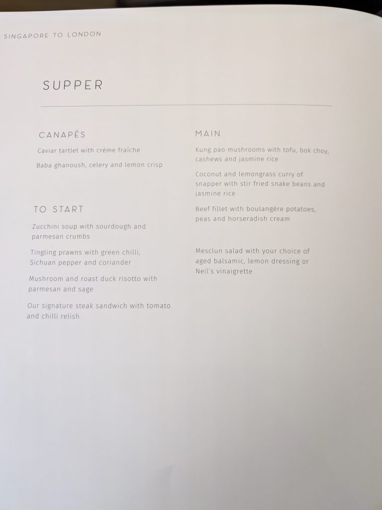 Qantas A380 First Class Menu