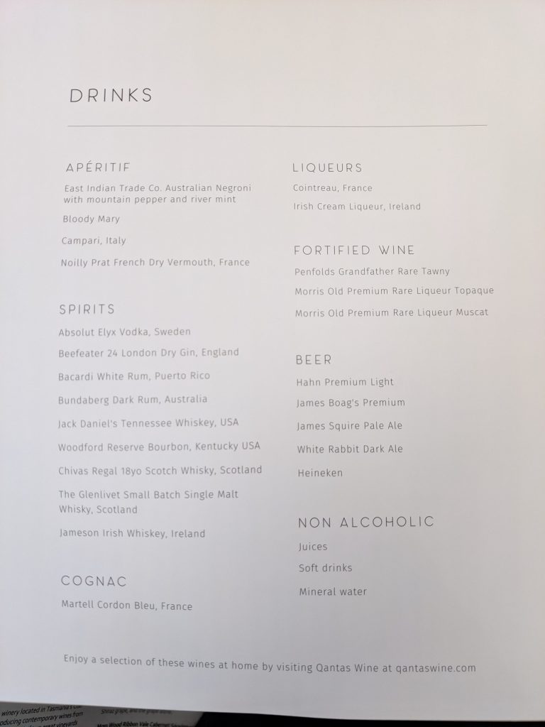 Qantas A380 First Class Menu