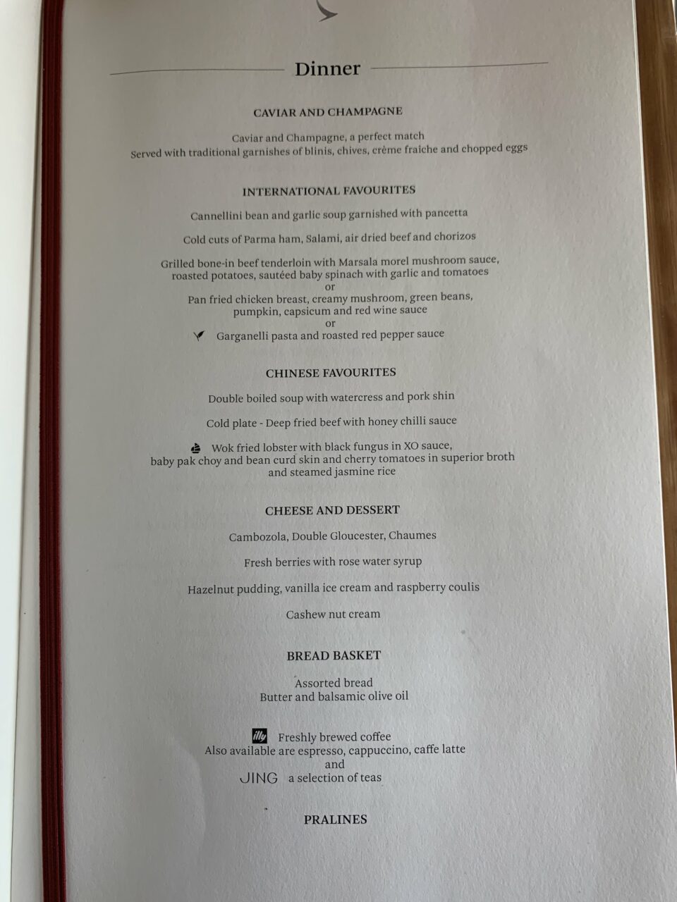 Cathay Pacific B777-300 First class Menu