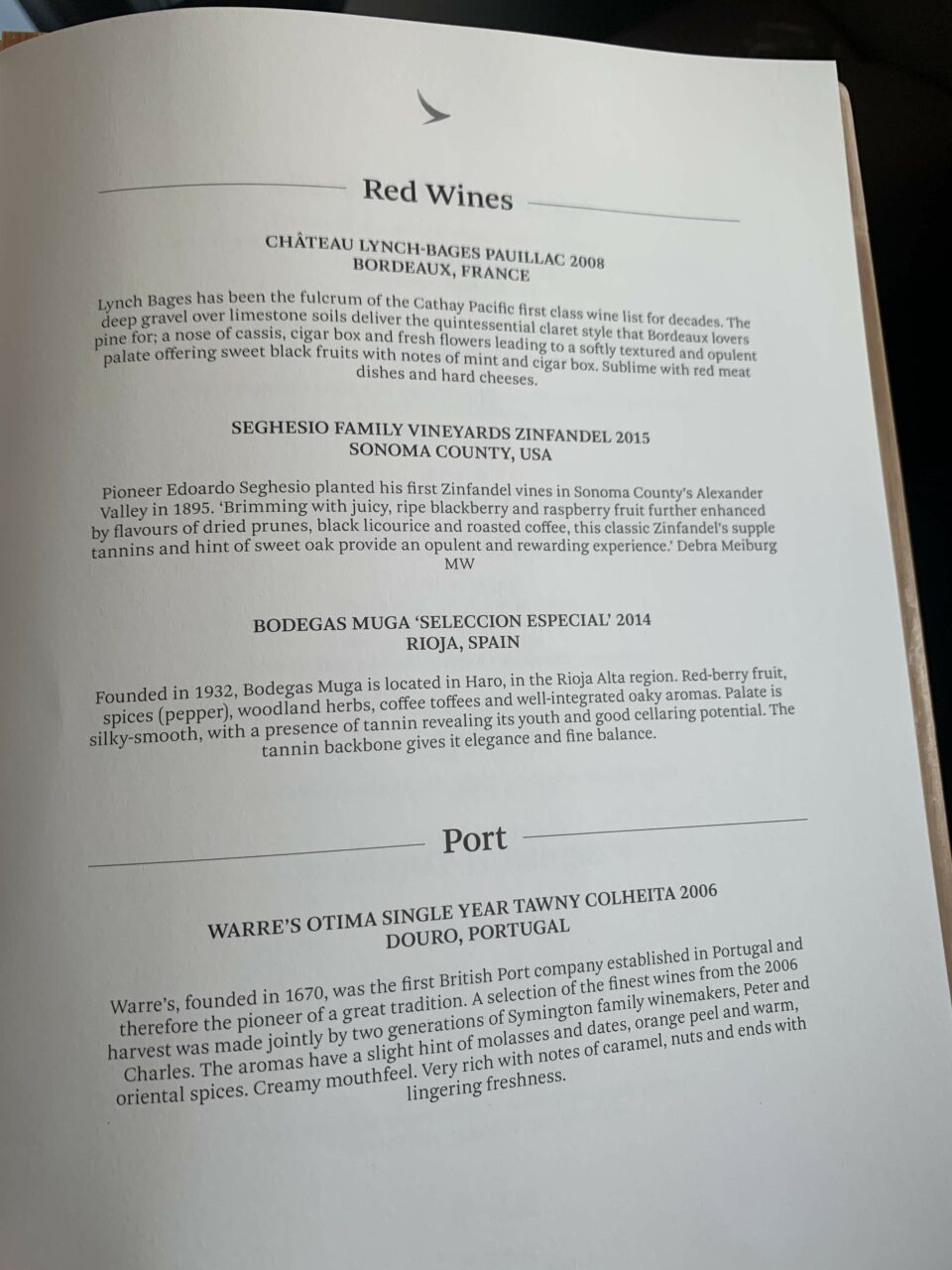 Cathay Pacific B777-300 First class Menu