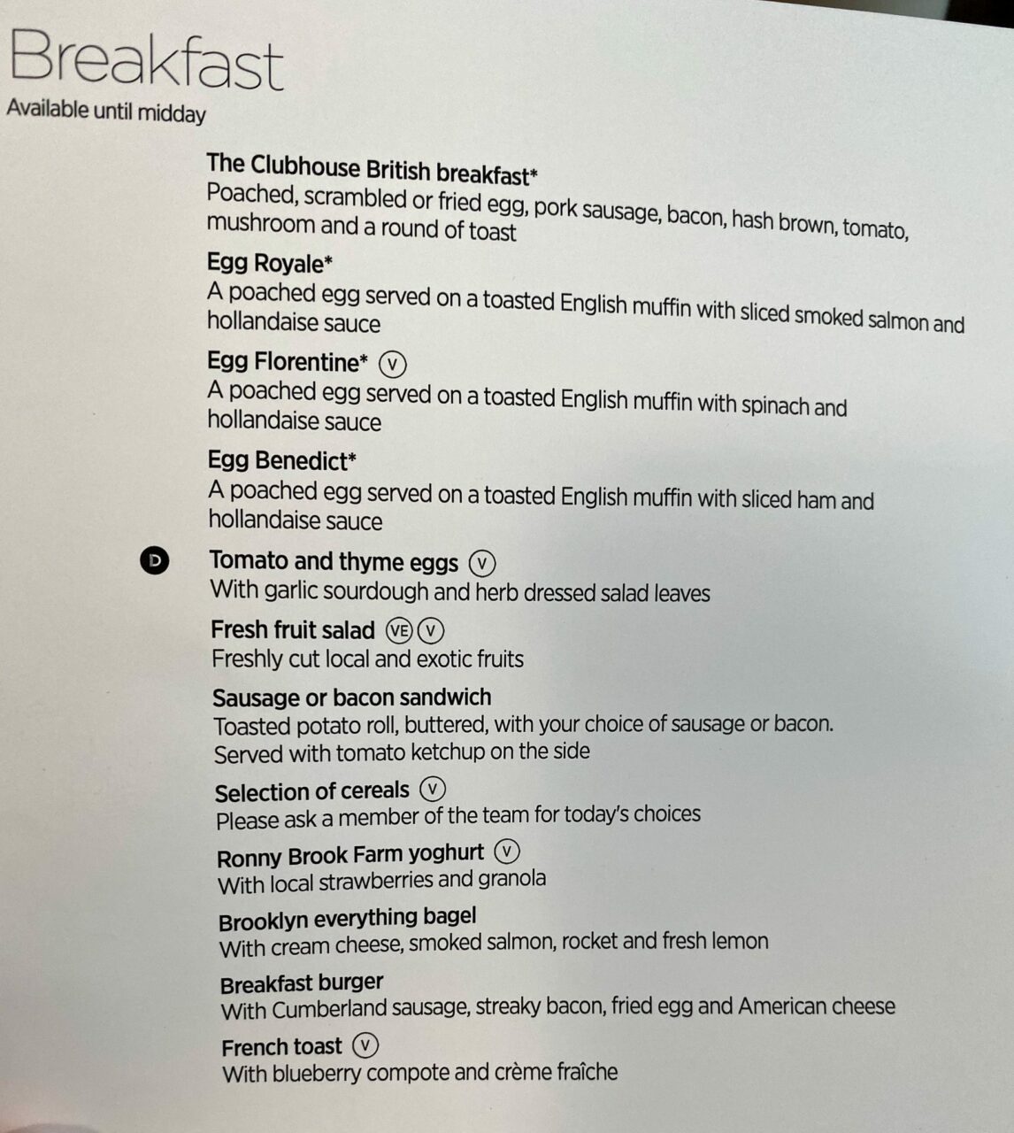 virgin premium clubhouse menu