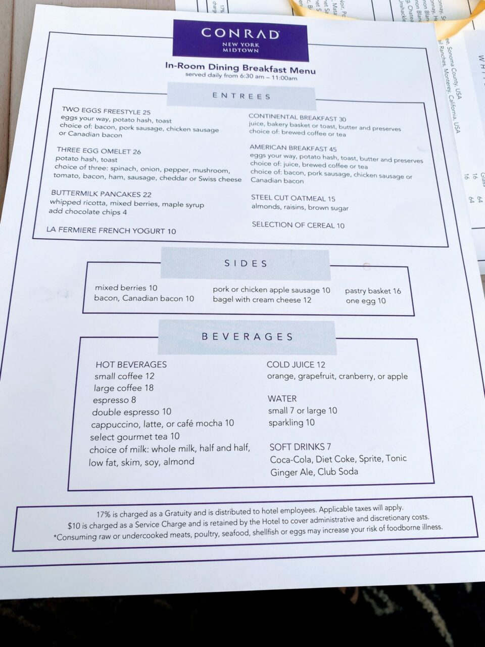 Conrad New York Midtown hotel Breakfast Menu 