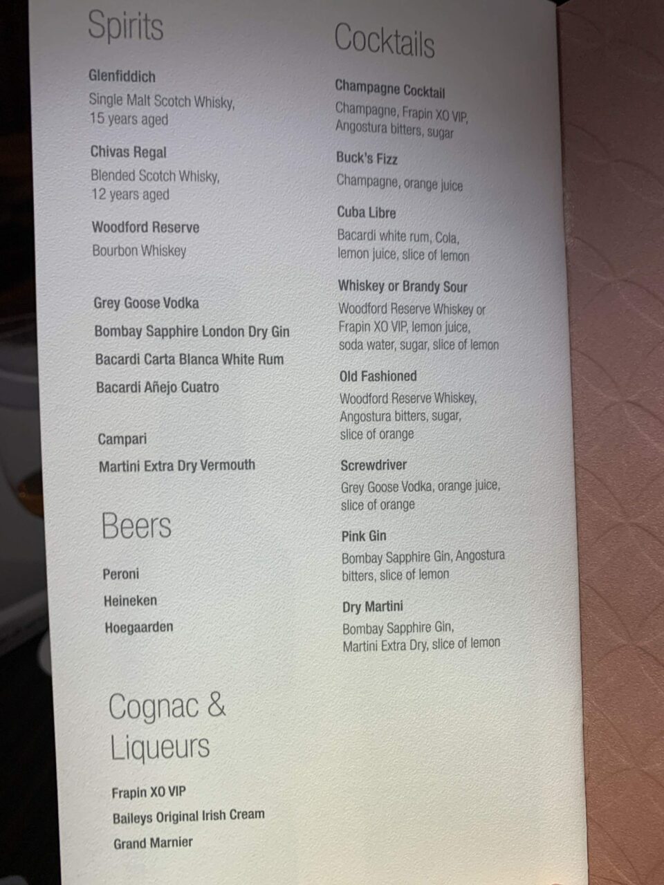 Qatar Airways QSuite B777 Alcohol Menu