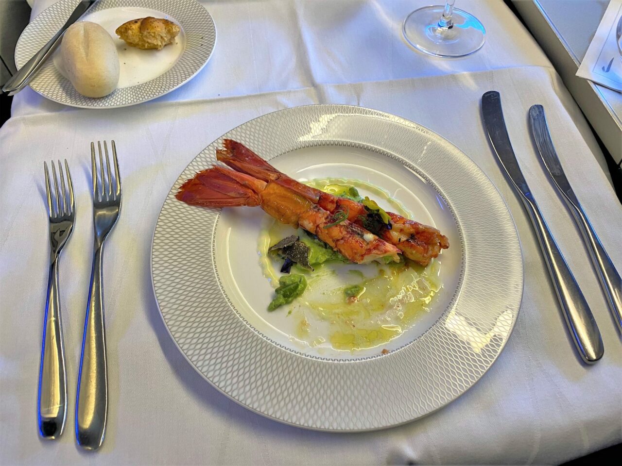 British Airways First B777-200 cabin Prawn appetiser 