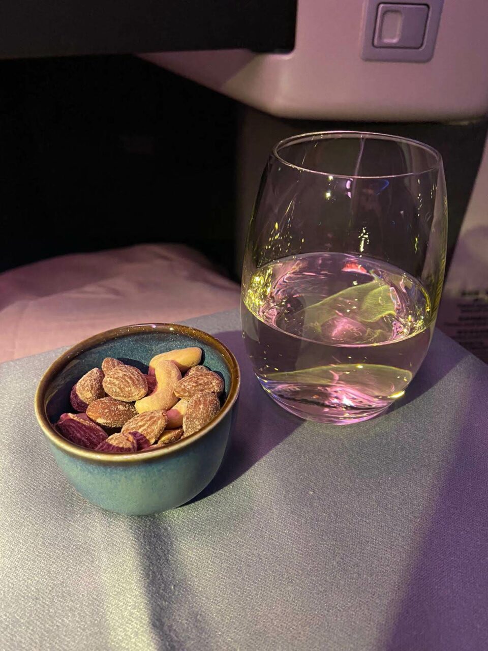Cathay Pacific Business Class nuts and champagne 