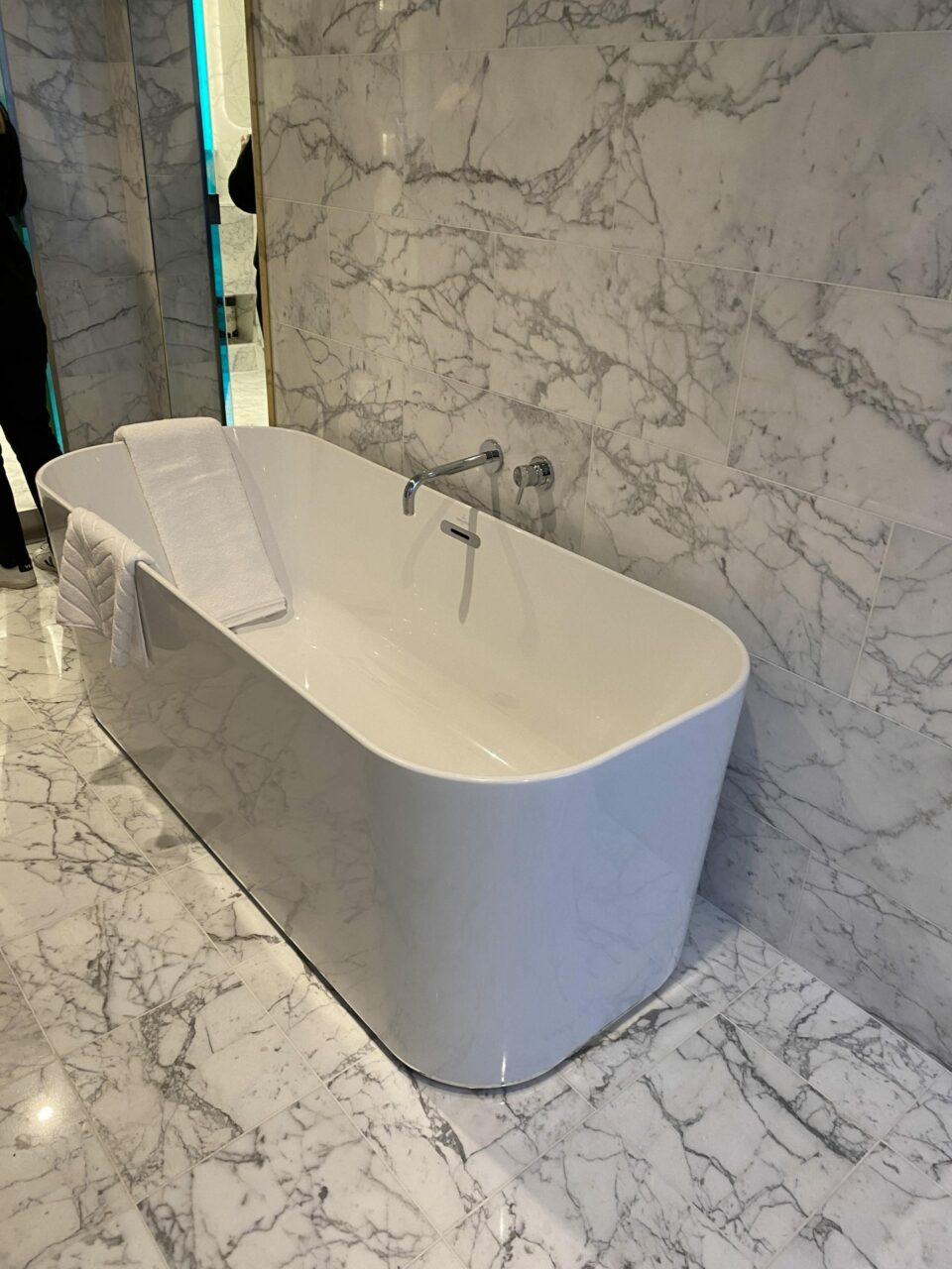 Marble Bathroom at Mega Star Rock Suite in Virgin Voyages Scarlet Lady 