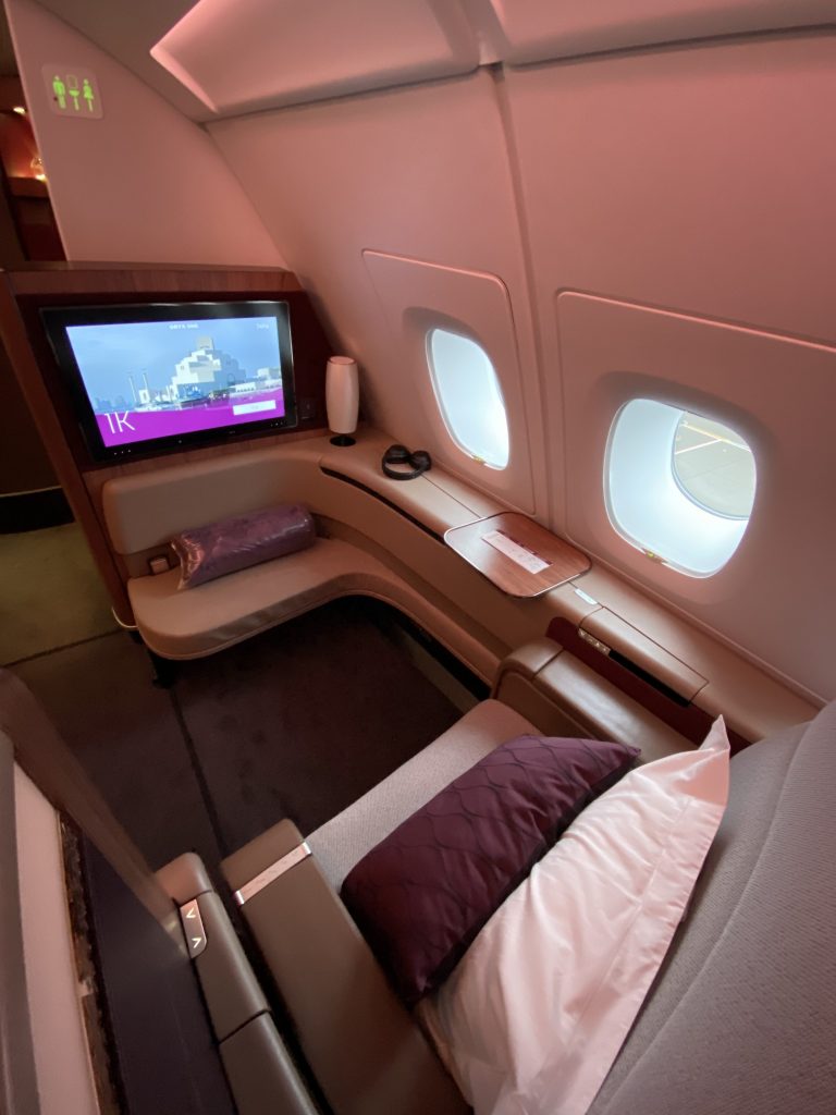 Qatar Airways First Class A380 seat window view 