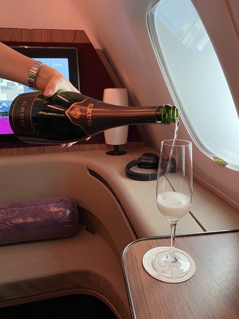 Qatar Airways First Class A380 champagne 