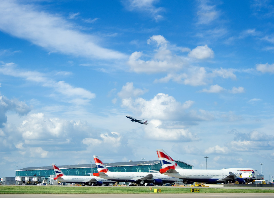 Heathrow airport on a sunny day in London, UK.