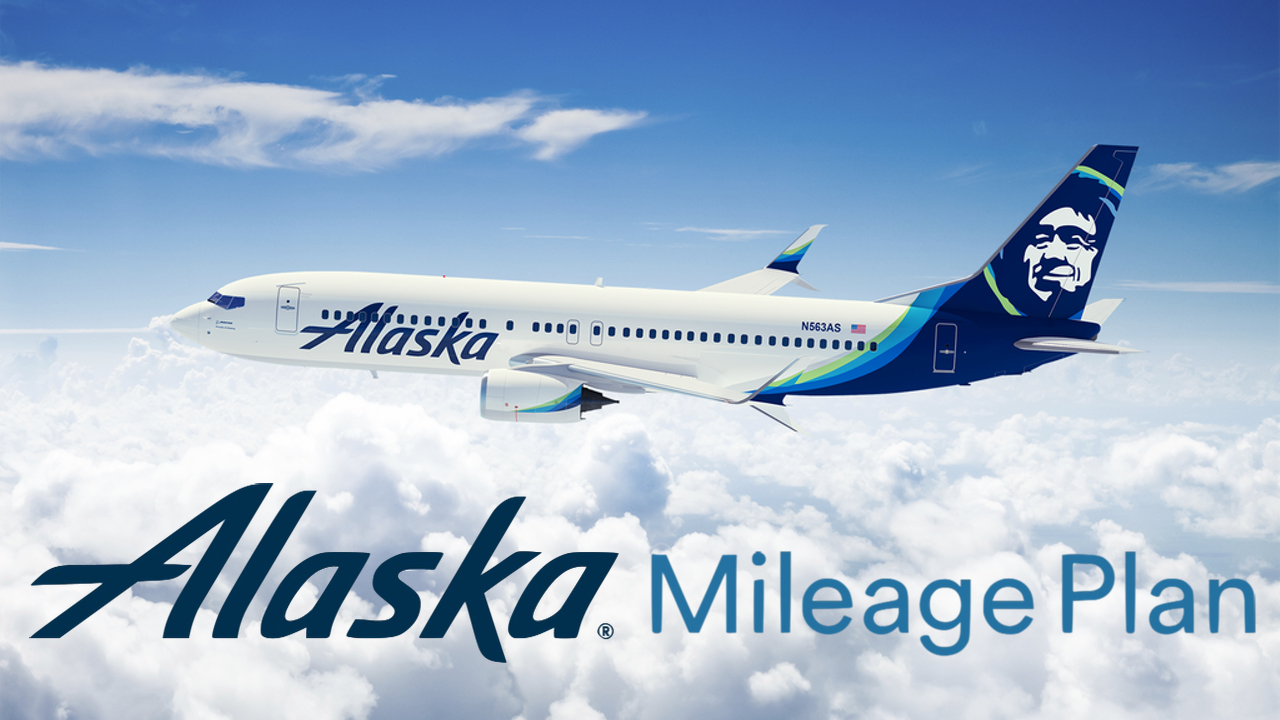 Alaska Airlines aircraft flying above clouds with the text Alaska Mileage.