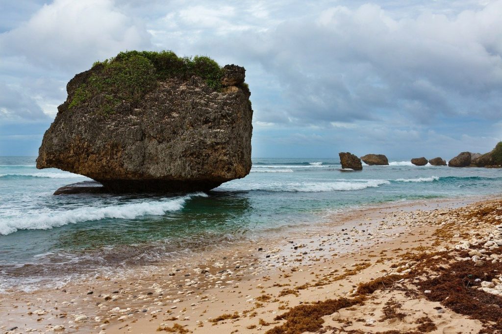 Bathsheba Beach and a huge rock in the Atlantic Ocean off of Barbados. 
