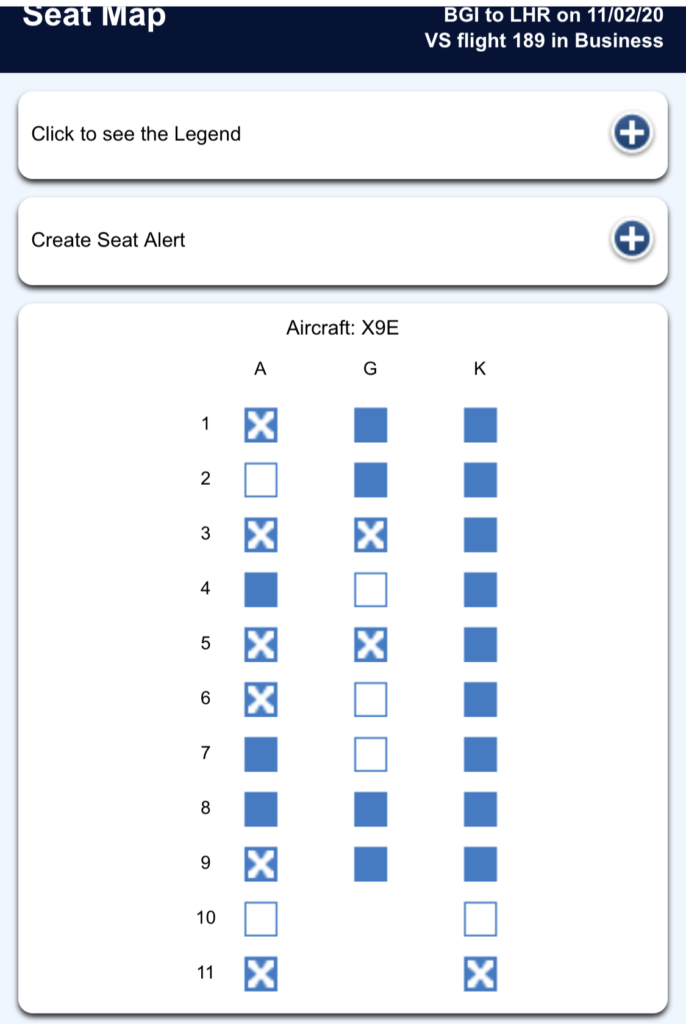 Virgin Atlantic B787-9 Upper Class Seat Map