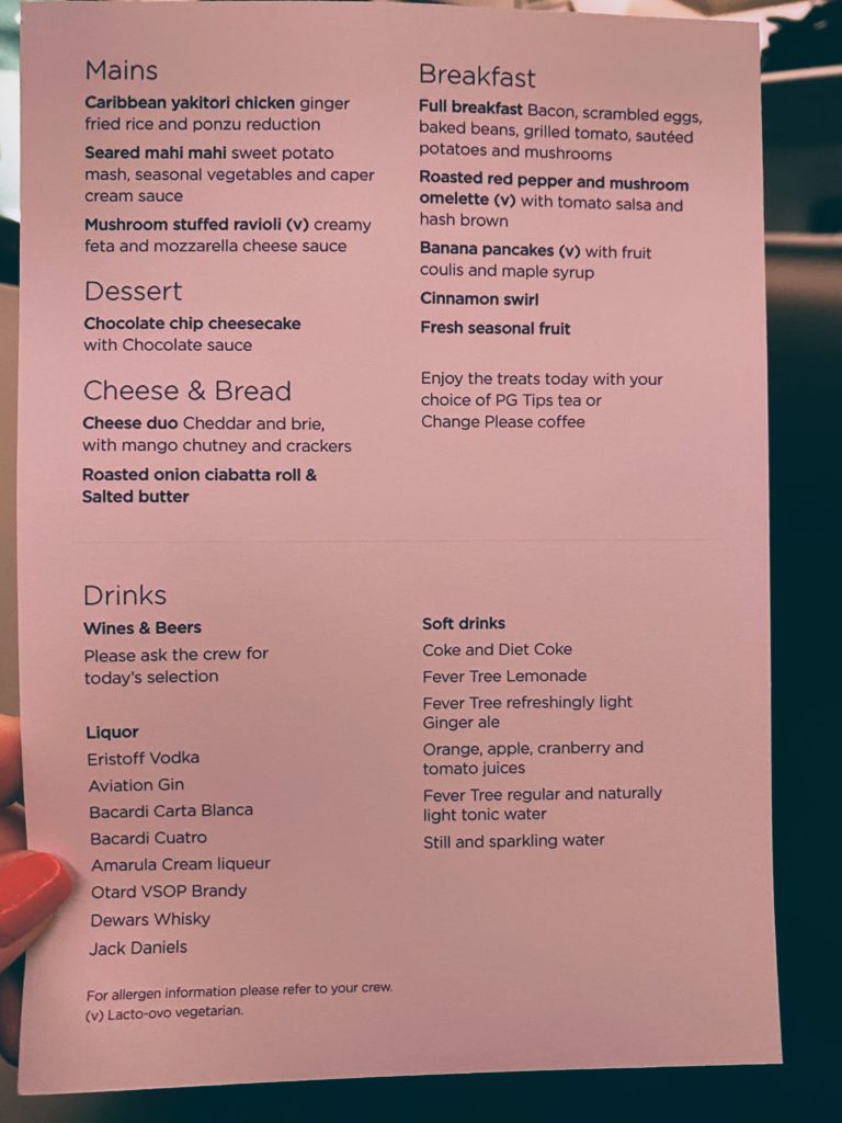 Virgin Atlantic B787-9 Upper Class Menu 