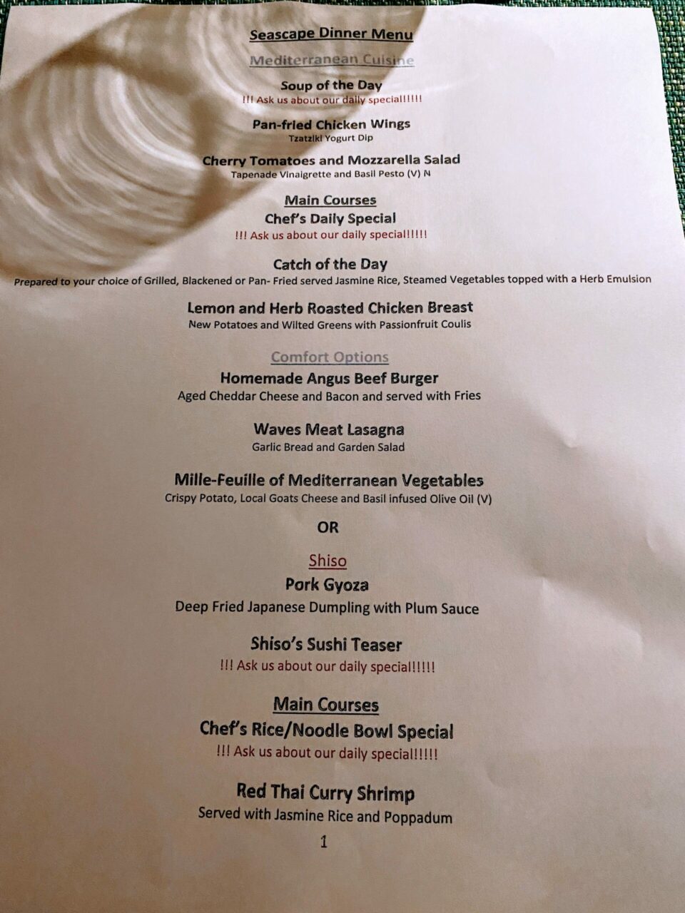 Seascape Dinner Menu