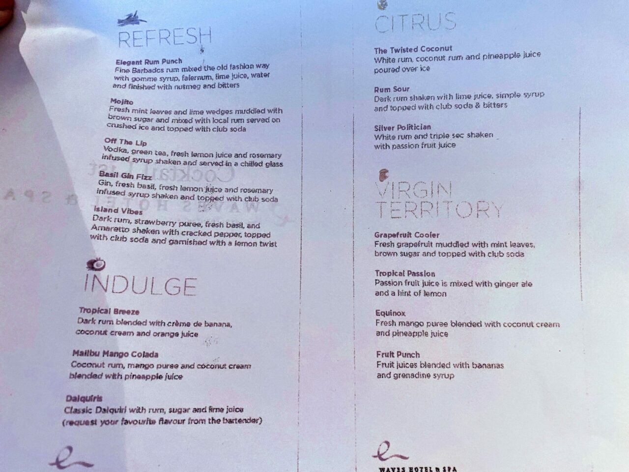 Cocktail Menu at Waves Hotel Marriott Bar