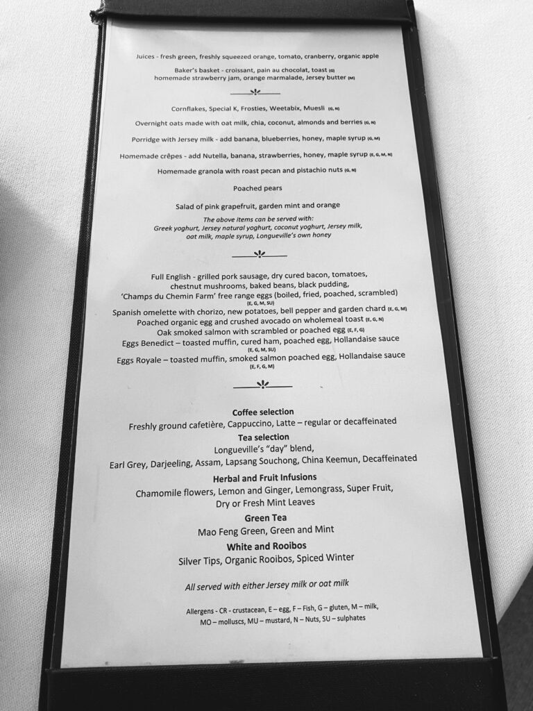 Longueville Manor Breakfast Menu