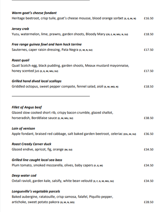 Longueville Manor Restaurant Menu