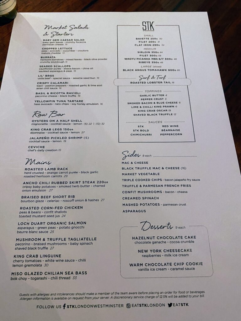 STK Restaurant Menu 