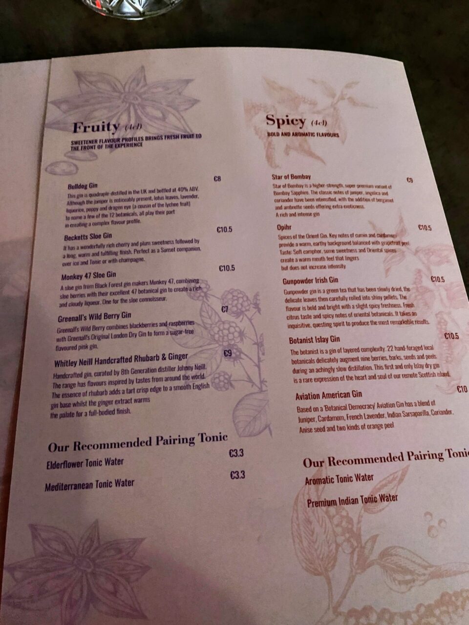 GIN-ger Rooftop restaurant menu