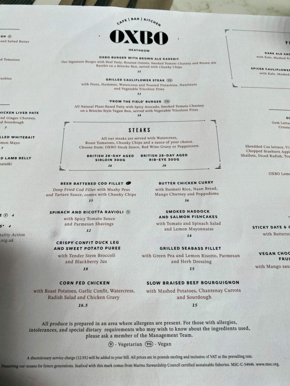 Oxbo restaurant Menu