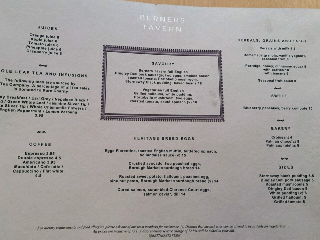 Breakfast at Berners Tavern Menu 