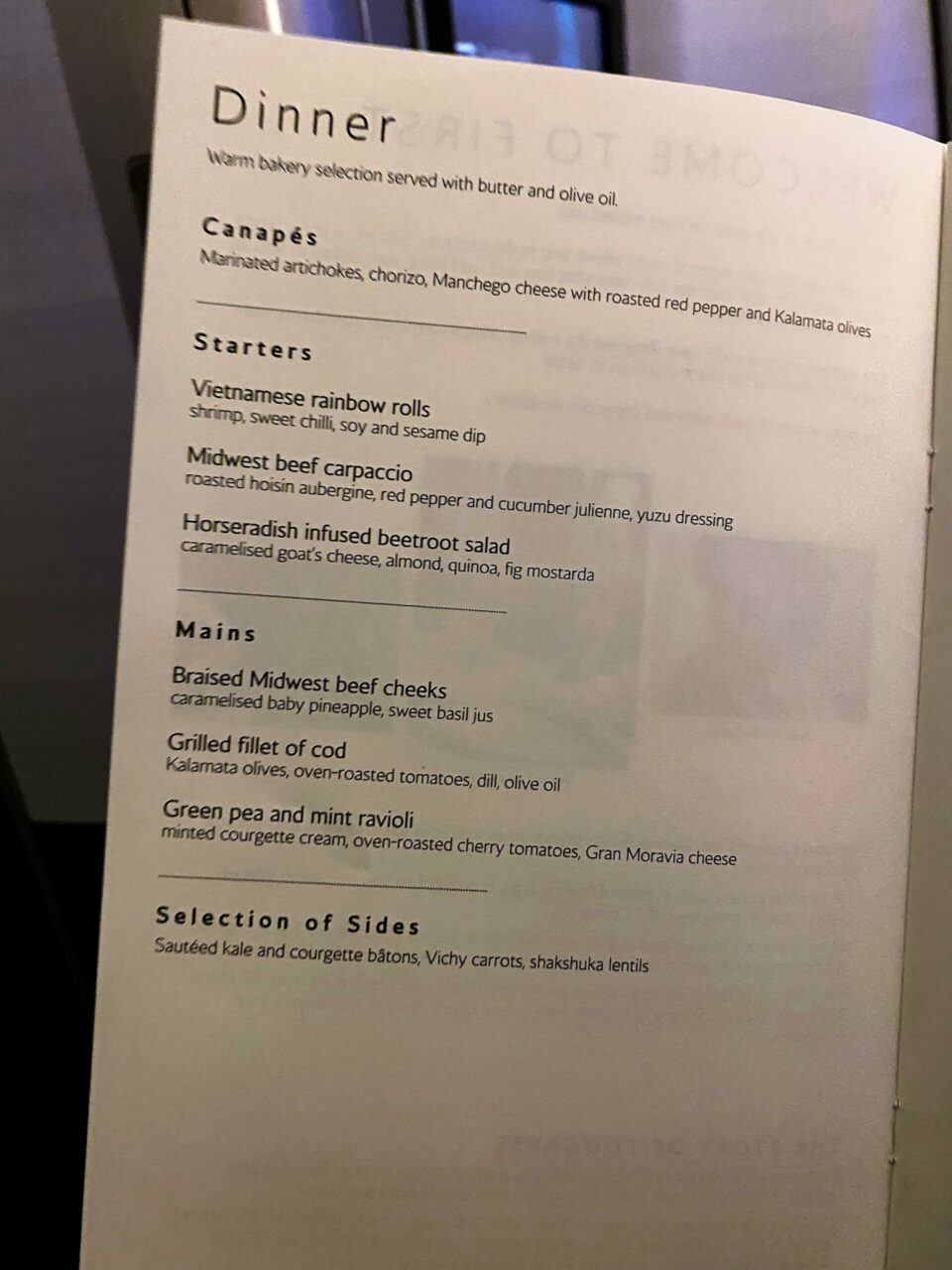 British Airways First B777 dinner menu