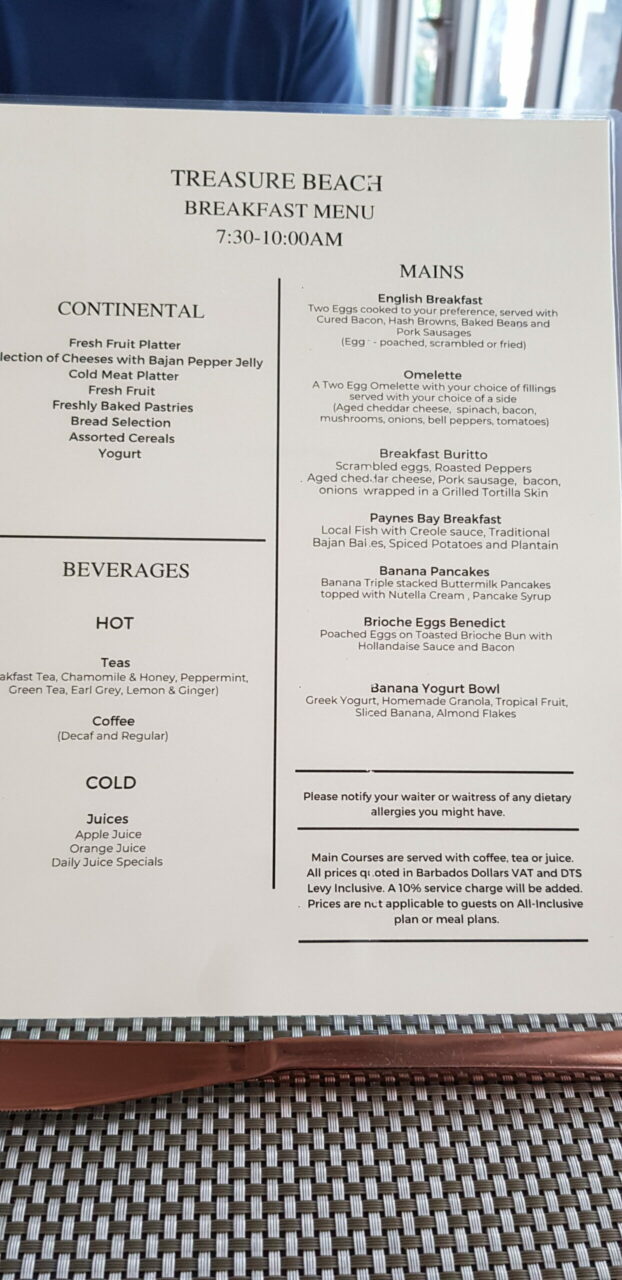 Treasure Beach Hotel breakfast menu 