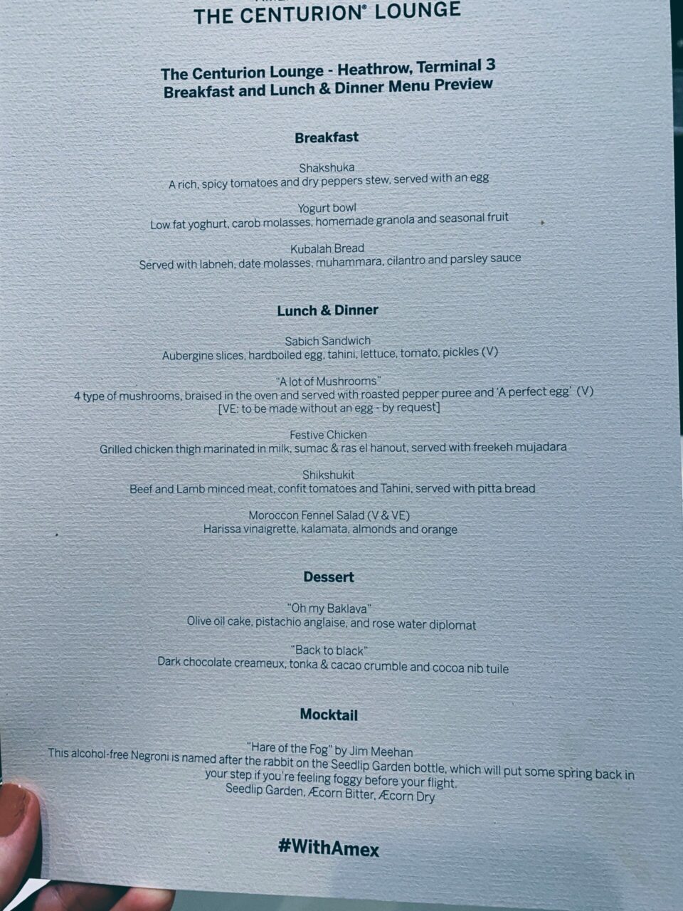 American Express New Centurion Lounge menu 