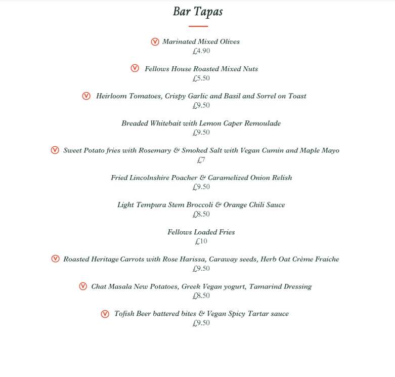 Bar tapas Menu at The Fellows House Cambridge  